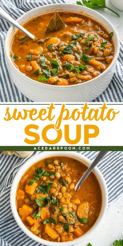 Warm up with a delicious soup that's easy fall comfort food! Our recipe for sweet potato soup with lentils is both filling and healthy, blending hearty lentils with sweet potato for a nutritious, satisfying meal. Don't miss out on this recipe! Sweet Potato In Soup, Sweet Potato Veggie Soup, Crock Pot Sweet Potato Soup, Soup Recipes With Lentils, Stew Sweet Potato, Sweet Potato Soups And Stews, Easy Recipes With Sweet Potatoes, Homemade Healthy Soup Recipes, Sweet Potato Bean Soup