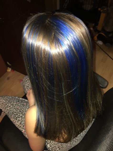 Blue highlights Hairstyles With Blue Highlights, Blue And Dark Blonde Hair, Colored Hair Streaks Brunette, Navy Blue Highlights In Brown Hair, Blue Skunk Highlights, Brunette And Blue Hair, Blue Hair Dye On Brown Hair, Light Brown And Blue Hair, Blue Highlights In Light Brown Hair