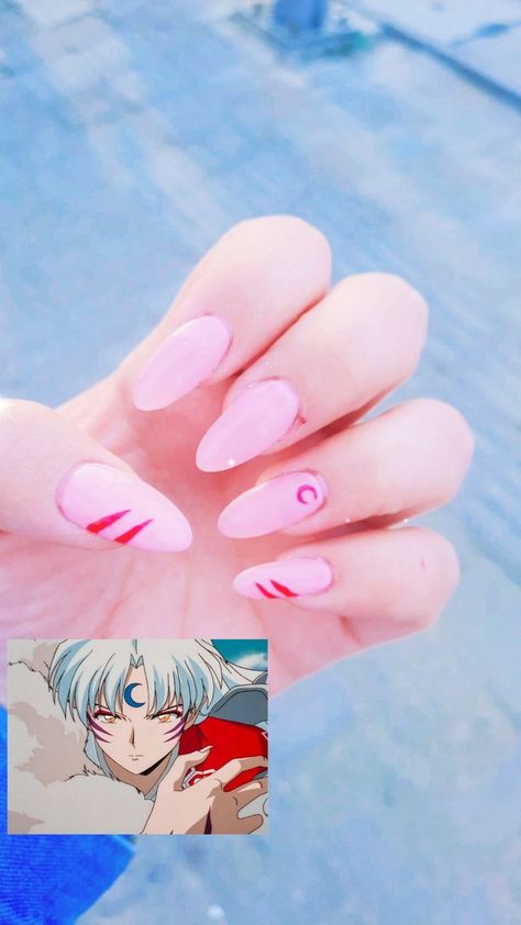 Snorlax Acrylic Nails, Inuyasha Nails Acrylic, Nails Acrylic Anime Inspired, Sesshomaru Nail Art, Inuyasha Inspired Nails, Easy Anime Nail Designs, Anime Themed Nails Acrylic, Simple Anime Nail Designs, Cute Nails Anime