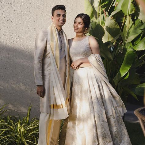 Indian Groom Sister Outfit, Onam Couple Outfits, Wedding Fixation Dress Kerala, Indian Couple Engagement Outfit, Engagement Dress For Kerala Bride, Onam Couple Photos, Maduramveppu Dress Kerala, Kerala Mundu And Kurta Men, Kerala Traditional Engagement Dress