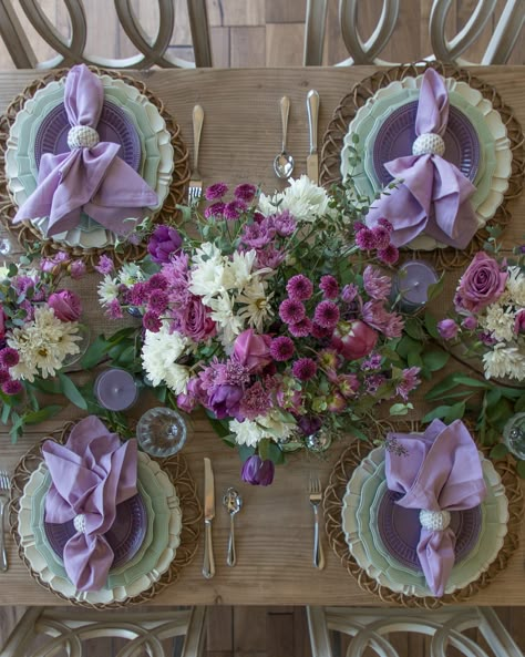 Home with Holly J | lavender and mint green Tablescapes, floral centerpiece, Summer floral arrangement, summer tablescape, floral decor, purple flowers, mint and lavender table setting, entertaining ideas, brunch decor Purple Tablescapes Ideas, Spring Table Settings Tablescapes, Sage Green And Purple Table Setting, Purple Table Scape, Purple And Pink Table Setting, Lavender And Sage Wedding Table Settings, Purple Brunch Decor, Lavender And Sage Table Setting, Lilac Tablescape