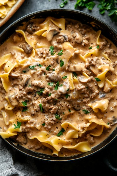 Ground Beef Stroganoff - An Organized Chaos Sausage Stroganoff Recipe, No Sour Cream Beef Stroganoff, Ground Venison Stroganoff, Beef Stroganoff Without Mushrooms, Healthy Stroganoff Recipe, Homemade Stroganoff, Beef Stroganoff With Ground Beef, Ground Beef Recipes Pasta, Hamburger Beef Stroganoff