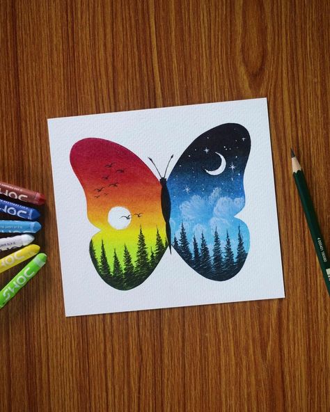 Butterfly Scenery Drawing, Theme Drawing Ideas, Sulu Boya Çalışmaları, تزيين دفاتر, Kid Drawing, Drawing Materials, Drawing Scenery, Very Easy Rangoli Designs, Flower Pattern Drawing