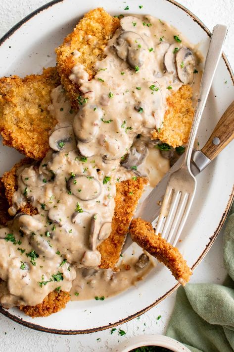 Breaded Pork Chops With Mushroom Gravy, Schnitzel With Mushroom Gravy, Pork Chops And Spatzle, Pork And Spaetzle, Breaded Pork Recipes, Pork Snitzel Recipe With Mushroom Gravy, Baked Schnitzel Pork, Schnitzel With Mushroom Sauce, Easy Recipes With Pork