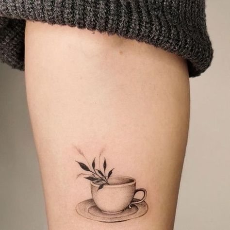 Coffee Mug With Flowers Tattoo, Simple Coffee Tattoo, Cup Tattoo Design, Fine Line Coffee Cup Tattoo, Hot Chocolate Tattoo, Coffee Cup Tattoo Design, Cafecito Tattoo, Coffee Plant Tattoo Minimalist, Cappuccino Tattoo