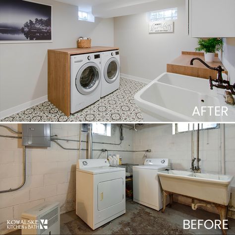 Clean, functional and beautiful! Such a refreshing laundry room, with folding space and cabinet storage. We brought old world charm by incorporating the original utility sink and adding vinyl print flooring. #LaundryRoom #BasementRemodel #laundryroomideas Unfinished Basement Laundry, Basement Laundry Room Makeover, Laundry Remodel, Garage Laundry Rooms, Basement Remodel Diy, Basement Laundry Room, Basement Finishing, Basement Laundry, Garage Laundry