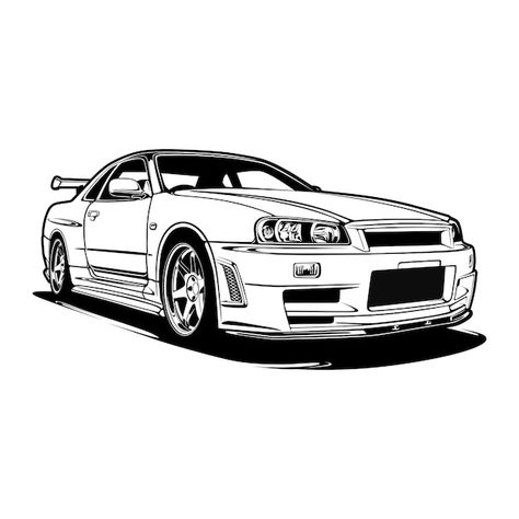 Black And White Car Drawing, Jdm Black And White, Painting Shirts Ideas, Mobil Vector, Racing Car Illustration, Cars Black And White, Car Vector Art, Car Black And White, Painting Shirts