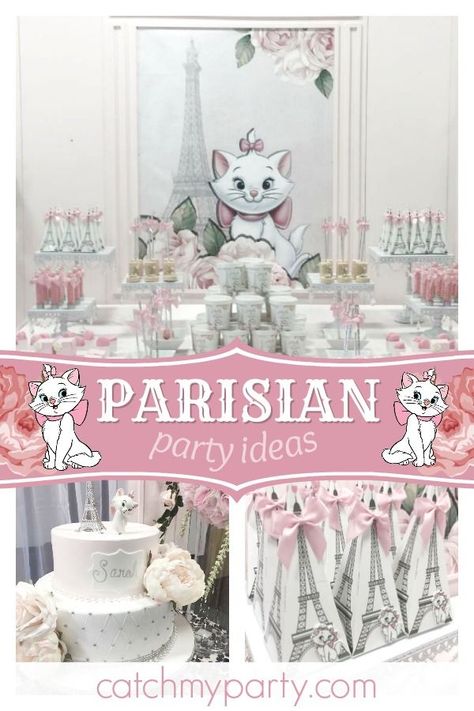 Aristocats Party Decorations, The Aristocats Birthday Party, Aristocat Birthday Party Ideas, Disney Marie Birthday Party, Paris Themed 1st Birthday Party, Marie Cat Birthday Party Decorations, Paris 1st Birthday Party, Aristocrats Marie Birthday, Marie The Cat Birthday Theme