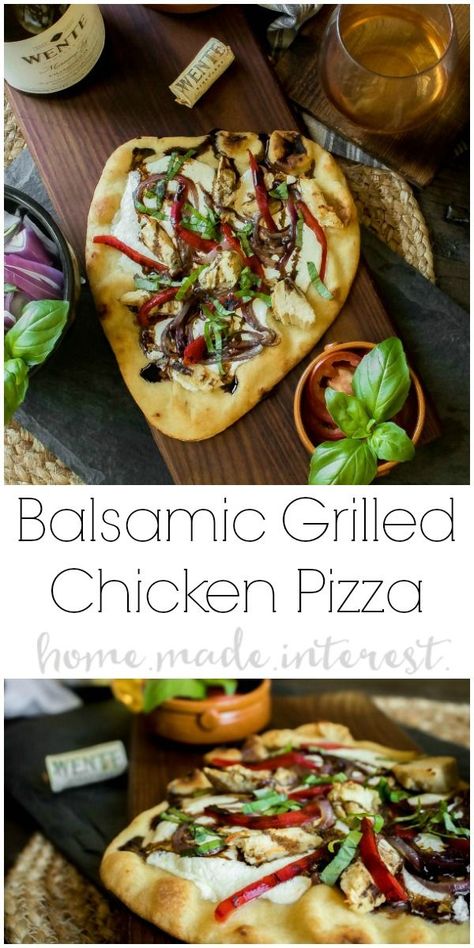 Balsamic Glazed Chicken Pizza | This easy naan pizza is fresh and light. It makes a great lunch recipe. Balsamic Glazed Chicken Pizza recipe is an easy pizza recipe with fresh ingredients. It’s an easy weeknight dinner and is a single serving pizza recipe that the entire family will enjoy. AD LoveOfTheJourney Grilled Chicken Pizza, Pizza Naan, Easy Naan, Chicken Pizza Recipe, Naan Pizza Recipes, White Pizza Recipes, Pizza Vegana, Balsamic Glazed Chicken, Chicken Pizza Recipes