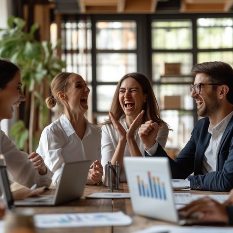 Joyful office meeting: A group of colleagues enjoy a lighthearted moment during a meeting in a modern office. #meeting #colleagues #laughter #office #joy #teamwork #business #professional #aiart #aiphoto #stockcake https://ayr.app/l/b6nk Company Pictures Ideas, Happy Work Environment, Team Building Aesthetic, Happy At Work Picture, Group Office Photos, Team Meeting Aesthetic, Great Job Images, Team Work Aesthetic, Teamwork Photoshoot