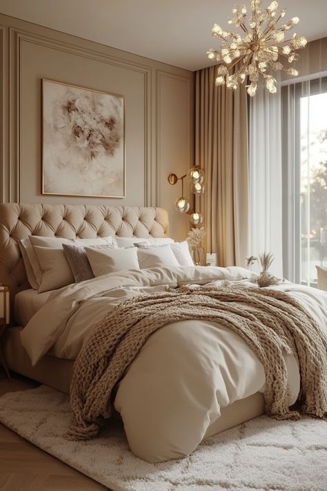 Unleash your inner designer with 27 cream and gold bedroom ideas to inspire your dream aesthetic. Explore soft cream walls, gold accent furniture, and elegant metallic decor. Discover tufted cream headboards, gold-framed mirrors, and ornate chandeliers. Find inspiration for cream bedding with gold embroidery, gilded picture frames, and plush cream carpets. These cream and gold bedroom ideas will help you design a sophisticated and inviting space that combines gentle neutrals with glamorous golden touches. Cream Bed Headboard, Cream Bed Bedroom Ideas, Cream Themed Bedroom, White Bedroom Gold Accents, Gold And White Room Aesthetic, Fancy Rooms Luxury Bedrooms, Beige And Gold Bedroom Ideas, Gold Beige Bedroom, Beige Bed Frame Bedroom Ideas