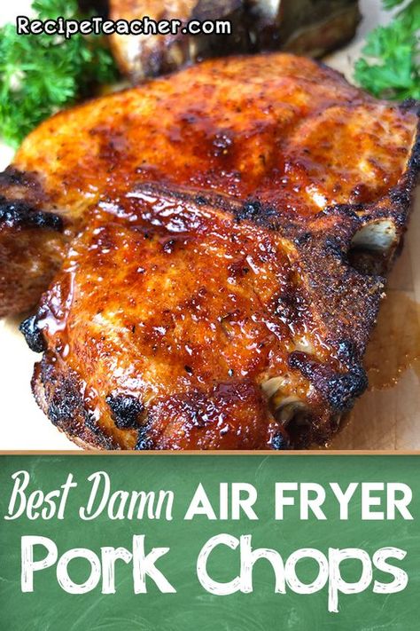 Best Damn Air Fryer Pork Chops. Unbelievable juicy, tender and delicious. Cooked to perfection in an air fryer. #porkchops #airfryer Easy Air Fryer Pork Tenderloin Recipes, Airfare Pork Chops, Bone In Pork Chop Recipe Air Fryer, Air Fryer Recipe For Pork Chops, Recipe For Pork Chops In Air Fryer, Pork Tenderloin Chops In Air Fryer, Pork Chop Dinner Ideas Air Fryer, Air Fryer Dinner Recipes Pork, Emeril Lagasse Air Fryer 360 Recipes Pork Chops