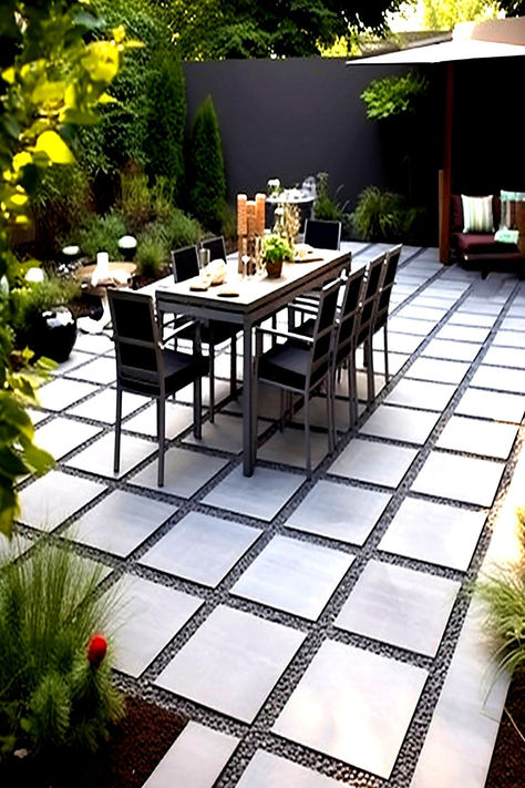 Chic outdoor patio with a geometric paver design, incorporating a sleek dining area, showcasing budget-friendly ideas for DIY patio upgrades. Paver Patio Ideas On A Budget Diy, Step Stone Patio Ideas, Paver Ideas For Small Area, 16x16 Paver Patio Ideas, Paver Patio Ideas Layout Tile Patterns, Patio Paver Ideas On A Budget, Patio Paving Ideas On A Budget, Paving Ideas Outdoor Cheap, Extending Patio With Pavers