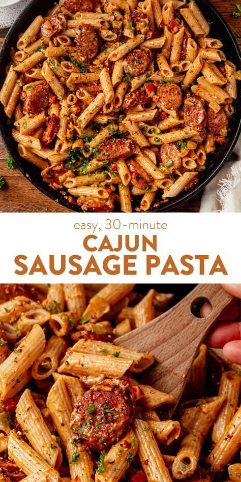 This cajun sausage pasta has a bold and spicy flavor profile and is full of vibrant colors. The noodles and smoky andouille sausage are coated in a rich and creamy Cajun-inspired sauce. Cajun Shrimp Pasta With Sausage, Shrimp And Sausage Pasta, Creamy Cajun Shrimp, Andouille Sausage Recipes, Cajun Sausage Pasta, Linguini Pasta, Creamy Cajun Shrimp Pasta, Shrimp And Sausage, Cajun Sausage