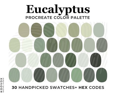 Eucalyptus Green Color Palette for Procreate, Procreate Swatches, Eucalyptus Color Palette HEX Code, Green Color Scheme, Dusty Green Wedding - Etsy UK Shades Of Green Palette, Color Palette Hex Code, Eucalyptus Color Palette, Dusty Green Wedding, Eucalyptus Color, Party Palette, Color Palette For Procreate, Green Herbs, Phone Backgrounds Vintage