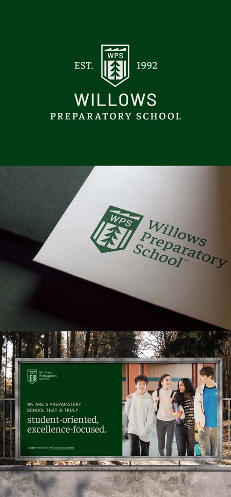 Creative Chameleon Studio - Brand Redesign For Willows Preparatory School – A pencil and bookmark, two images that instantly evoke the idea of education, are built into the logo’s icon. At its heart lies a pine tree, grounding the school in its Pacific Northwest roots. Crowning the icon is a silhouette of the school’s three-peaked building. Together, these elements compose a powerful and recognizable school crest that’s simple, yet deeply layered and nuanced. – #branding #branddesign School Typography Design, School Branding Design Visual Identity, Private School Branding, Education Branding Design, Academic Branding, School Emblem Logo, School Branding Design, School Crest Design, Educational Branding