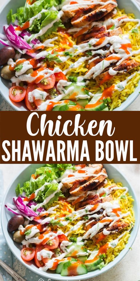 Carb Free Bowls, Medeteranian Chicken Bowl, Chicken Shwarma And Rice, Middle Eastern Chicken And Rice Bowl, Chicken Shawarma Rice Bowl, Curry Bowl Recipe, Shwarma Chicken Bowls, Naf Naf Grill Recipes, Mediterranean Bowl Chicken