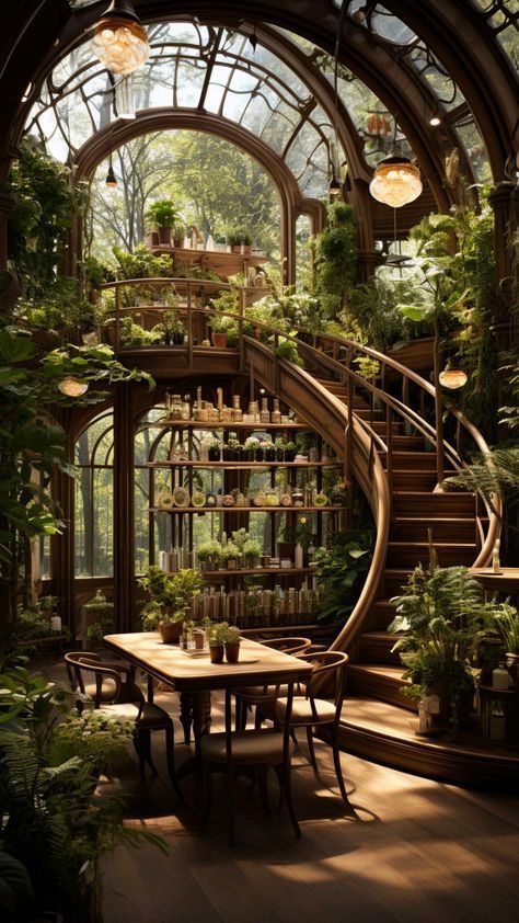 Cafe With Plants Interiors, Herbal Room Ideas, Tea Room Business Ideas, Greenhouse Tea Room, Magical Coffee Shop, Fantasy Tea Shop, Greenhouse Ideas Interior Design, Tea House Aesthetic, Tea Shop Interior Design