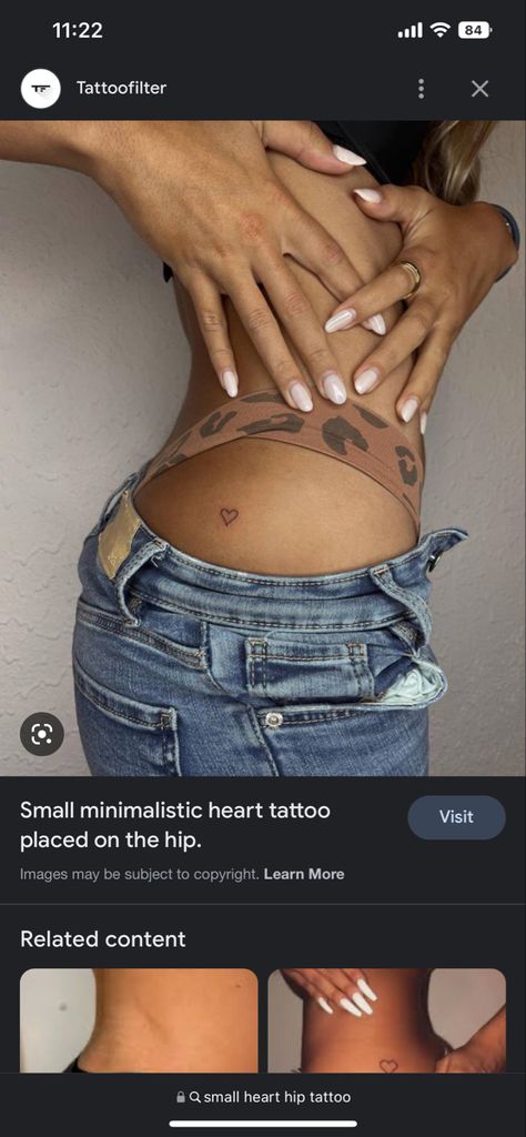 Tattoo Ideas Female Hip Bone, Heart On Back Tattoo, Above Buttocks Tattoo, Initial Tattoo On Buttcheek, Initial Hip Tattoo, Small Buttcheek Tattoo Women, Initial Tattoo On Hip, Small Groin Tattoos For Women, Hip Tattoo Placement For Women