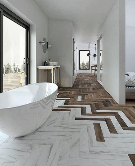 Marble and wood floor Drømme Bad, Design Interior Baie, Design Interior Modern, Modern White Bathroom, Herringbone Wood Floor, Interior Design Minimalist, Minimal Interior Design, Herringbone Floor, Decor Baie