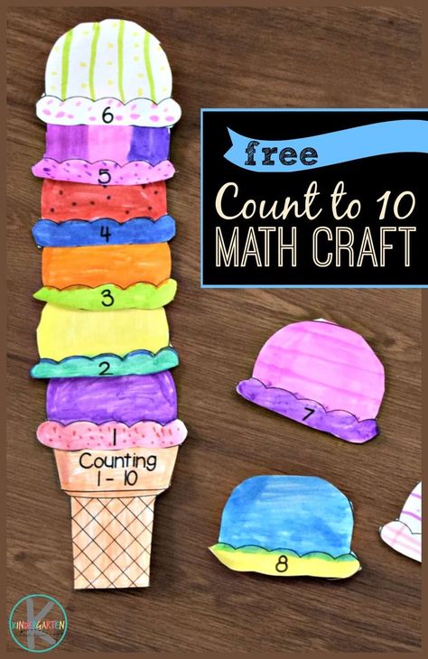 FREE Count to 10 Math Craft - this free printable summer craft is such a fun way for preschool, kindergarten, and first grade kids to practice counting to 10, count to 20, count to 100, and more. #kindergarten #summercraft #mathprintable Math Art Projects For Preschoolers, Math Arts And Crafts Preschool, First Day Of Summer Crafts For Preschool, Summer Counting Activities Preschool, Preschool Counting Crafts, Kindergarten Math Crafts, Kindergarten Math Craft, Counting Crafts Preschool, Kindergarten Math Art