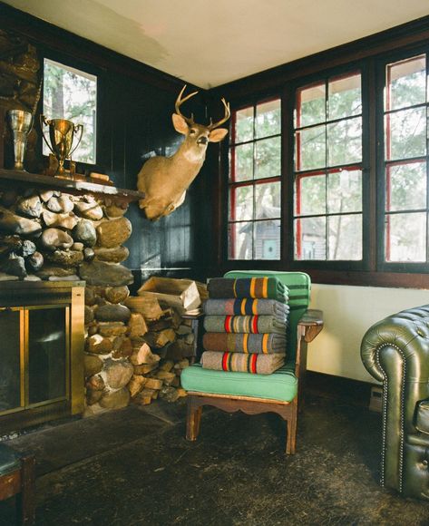 Tour: Lodge — WANDAWEGA Forest Lodge Interior, Camp Wandawega Style, Hunting Lodge Aesthetic, Western Airbnb, Deer Camp Decor, 70s Ski Chalet, Campy Decor, Study Library Room, Rustic Lodge Living Room