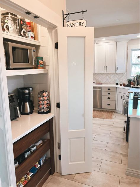 Pantry with coffee bar inside Coffee Bar Ideas Butler Pantry, Closet Pantry With Microwave, Butler Pantry Coffee Station, Closet To Coffee Station, Coffee Area In Pantry, Small Pantry With Beverage Fridge, Enclosed Coffee Bar, Coffee Pot In Pantry, Bar In Pantry Closet