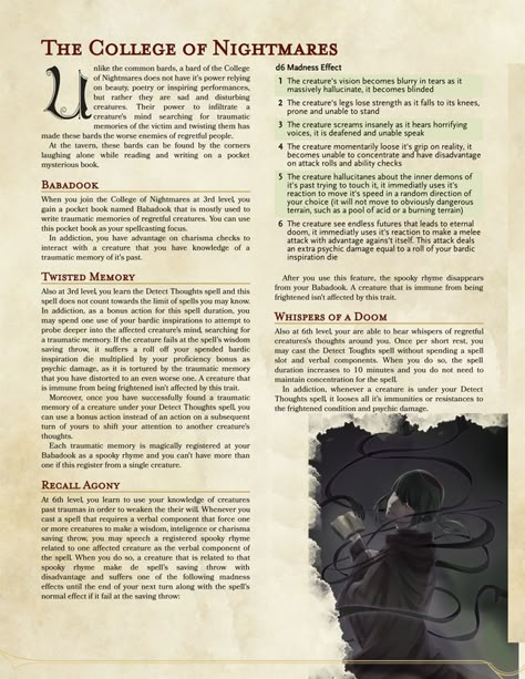 The College of Nightmares v2 - A villainous bard subclass that brings out the worst dreams of its victims (ﾉ◕ヮ◕)ﾉ*:･ﾟ✧ : UnearthedArcana Dnd 5e Homebrew Bard Subclasses, 5e Bard Colleges, Dnd Bard Subclass Homebrew, Bard Subclasses 5e, Dnd Elemental, Dnd Homebrew Subclasses, Homebrew Races, Dm Board, Dnd Idea