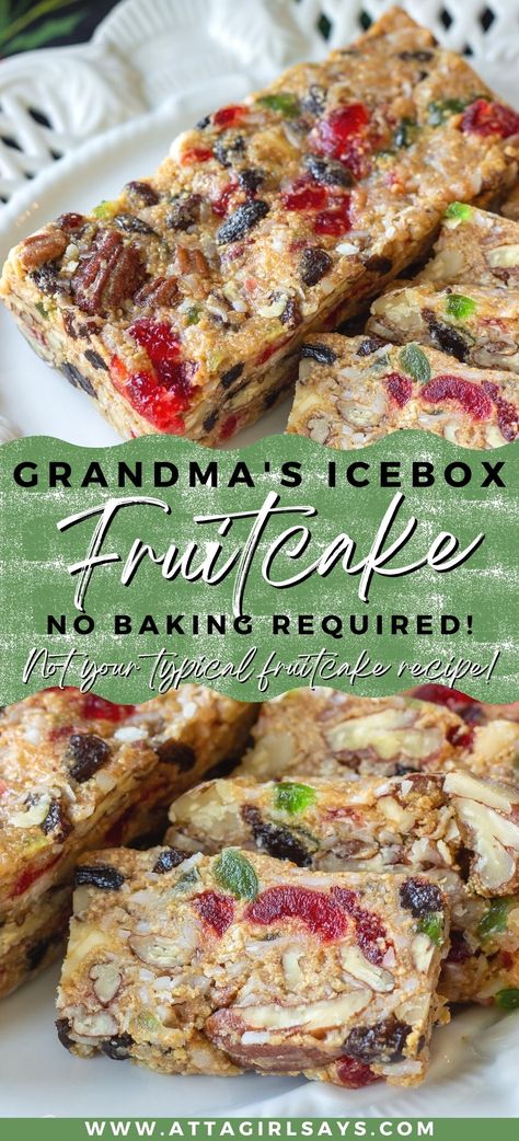 If you don't like the classic Christmas dessert , this no-bake icebox fruitcake recipe will change your mind. You'll love this fruity and nutty version made with graham crackers and marshmallows. Graham Cracker Fruit Cake, Graham Cracker Fruit Cake No Bake, No Bake Fruitcake Recipes, Unbaked Fruitcake Recipe, No Bake Cake Recipes Easy, Refrigerator Fruit Cake Recipe, Icebox Fruitcake Recipes Graham Crackers, How To Make A Fruit Cake, Fruit Cakes Recipes