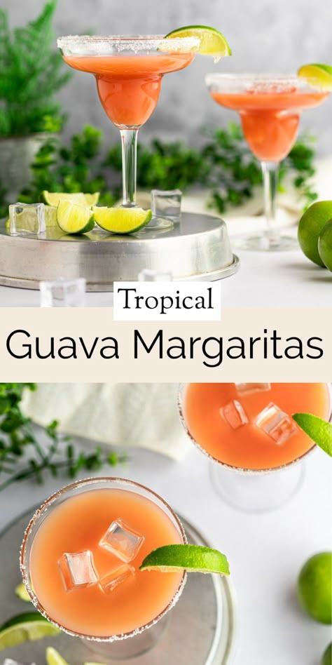 These tasty, tropical guava margaritas add a unique twist to classic margaritas. They are easy and quick to make in less than 5 minutes, making them the perfect drink for a large group. Made with guava nectar so you can make these drinks any time of year, even when guavas aren’t in season. This guavarita can be made on the rocks or frozen. Or if you prefer a little spice, make the spicy jalapeño variation! Guava Margarita Recipes On The Rocks, Guava Nectar Cocktail, Guava Nectar Recipes, Guava Margarita Recipe, Tropical Margarita Recipe, Tropical Margarita, Guava Margarita, Guava Nectar, Crumb Recipe