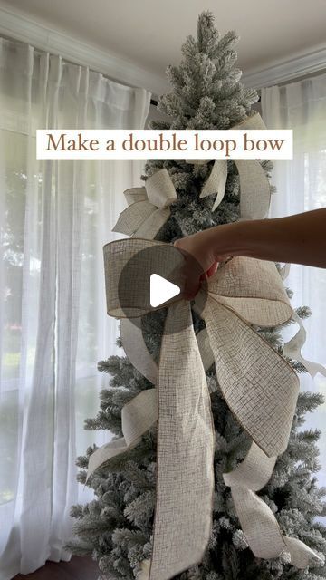 Dani | Christmas | Holiday Decor on Instagram: "If you’ve been wanting to learn how to make a double loop then this is for you!! Double loops give so much pizzaz to your tree🎄✨ SAVE this video and SHARE with someone who loves to decorate their Christmas tree!  #christmas2024 #christmasribbon #howto #doubleloopbow #christmasbows #christmastreedesigner #christmastreestylist #christmasinjuly" Large Bow Christmas Tree Topper, Bows For Tree Toppers, Criss Cross Ribbon Christmas Tree, How To Make A Bow Christmas Tree Topper, Thick Ribbon On Christmas Tree, Simple Gold Christmas Tree, Christmas Tree Colored Lights Decoration, Bow Ideas For Christmas Tree, Diy Bow For Christmas Tree Topper