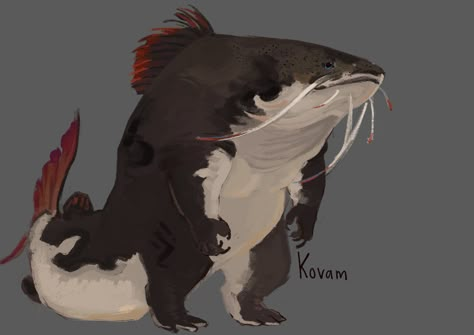 Fish Folk Dnd, Weasel Character Design, Locathah Dnd, Dnd Locathah, Catfish Art, Seal Character, Monster Creature Design, Fish People, Monster Creature