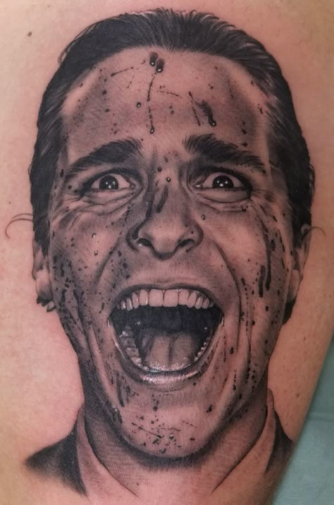 Christian Bale Tattoo, Patrick Bateman Wallpaper, Body Museum, Horror Collage, Mens Faces, Potrait Tattoo, Crucifix Tattoo, Yogi Tattoo, Horror Sleeve