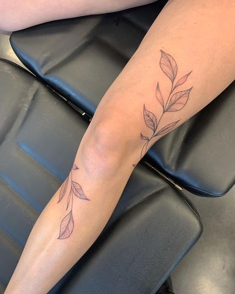 Knee Tattoo Inspiration, Wrap Around Tattoos For Women Leg, Wrapping Ankle Tattoo, Leg Bands Tattoo, Antlers Around Knee Tattoo, Dainty Vine Wrap Tattoo, Knee Tattoo Vine, Wrap Leg Tattoo Women, Wrap Around Knee Tattoo Women