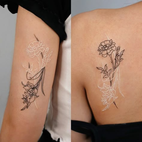 Flower Line Work Tattoo, Tiny Peony Tattoo, Friendship Flower Tattoo, Line Work Flower Tattoo, Tato Naruto, Friendship Tattoo, Maching Tattoos, Bestie Tattoos, Sunflower Tattoo Shoulder