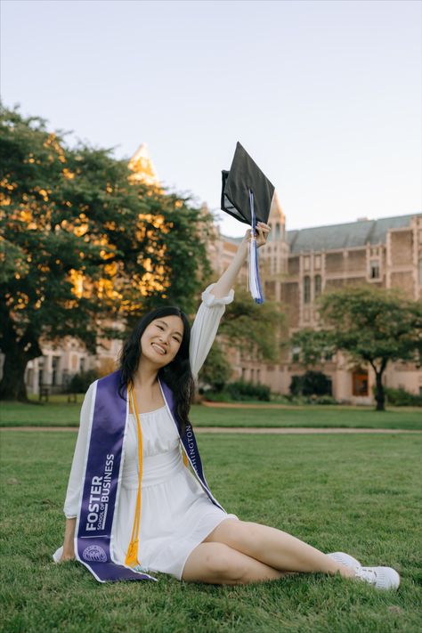 University of washington grad portraits in Seattle, Washington University Of Washington Graduation, Uw Graduation, Cap And Gown Photoshoot, Grad Shoot Ideas, Golden Hour Portrait, Gown Photoshoot, College Grad Pictures, Grad Portraits, Golden Hour Sunset