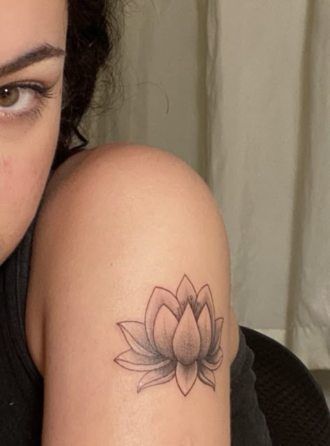 Lotus Flower Opening Tattoo, Lotus Flower Tattoo Dark Skin, Lotus Flower On Shoulder Tattoo, Lotus Flower Tattoo On Back Of Neck, Red Ink Lotus Tattoo, Lotus Tattoo On Shoulder, Lotus Flower Tattoo Dainty, Lotus Flower Tattoo Upper Arm, Lotus Tattoo On Arm