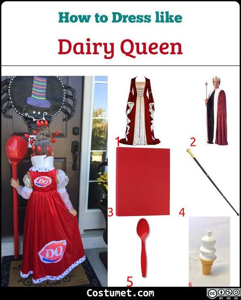 The Dairy Queen costume is regal queen dress with a red gown, a red cape, a giant red spoon as your royal scepter, and a crown made from red spoons.            #Female #female #funny #commercial #mascot #queen #DairyQueen Dairy Queen Halloween Costume, Dairy Queen Costume, Red Cape Costume, Queen Costume Ideas, Royal Scepter, Funny Commercial, Group Halloween Costume Ideas, Queen Halloween Costumes, Clever Costumes