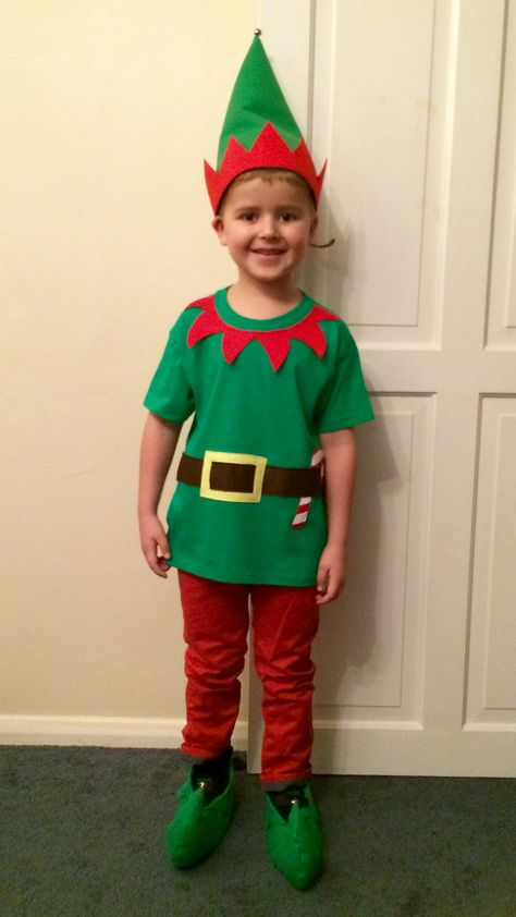 Elf costume Christmas DIY Boys Elf Costume, Christmas Elf Costume Diy, Kids Elf Costume, Diy Elf Costume, Diy Christmas Costumes, Diy Christmas Elves, Christmas Costumes Diy, Diy Costumes Kids Boys, Elf Shirts