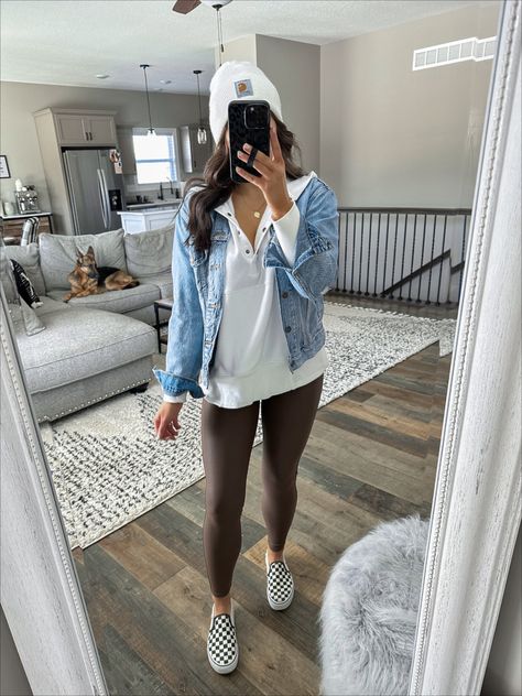 Legging Comfy Outfit, Vans Styling Outfits, Green Top Black Leggings Outfit, Torn Leggings Outfit, Play Date Outfit For Mom Casual, Crew Neck And Leggings Outfit, Tan Leggings Outfit Casual, Fleece Lined Denim Jacket Outfit, Sweatshirt And Leggings Outfit Fall