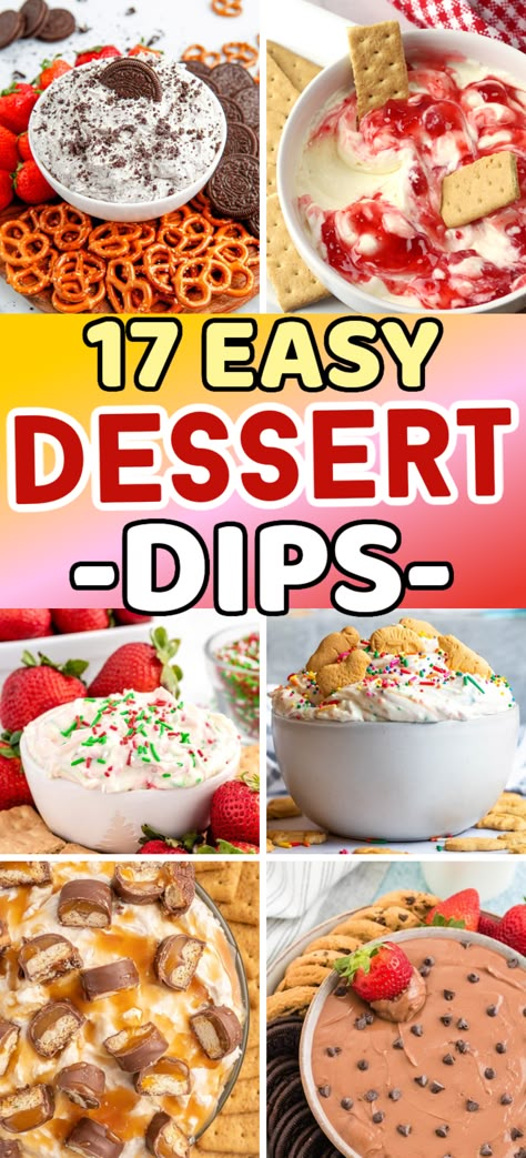 These are the best ideas for dessert dip recipes! Oreo dip, cannoli dip, strawberry dip, cherry cheesecake dip, brownie batter dip, twix dip and many more dessert dips for parties. Chocolate dessert dip, best dessert dips, easy dessert dip recipes, 3 ingredients dessert dip, easy dessert dips recipes. Easy Delicious Dips Appetizers, Easy Beach Desserts, Easy Dips For Cookout, Fun Dip Ideas, Summer Party Dip Recipes, Easy Dessert Party, Dessert Fruit Dip, Simple Party Dips, Dip Potluck Ideas