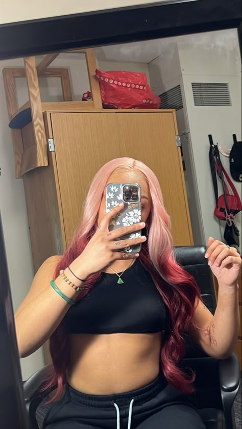 Burgundy Wig Outfit, Pink And Burgundy Hair Black Women, Pink And Red Ombré Wig, Burgundy With Pink Hair, Pink To Red Ombre Hair, Pink Burgundy Hair, Burgundy Hair With Pink, Pink And Red Wig, Red And Pink Hair Black Women