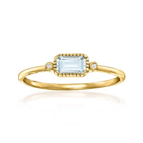 .20 Carat Bezel-Set Aquamarine Ring with Diamond Accents in 14kt Yellow Gold. Size 5 Senior Ring, Senior Rings, Emerald Cut Aquamarine Ring, Diamond Anklet, Italian Gold Jewelry, Mixed Metal Bracelets, Aquamarine Birthstone, Mixed Metal Rings, Pearl Strands Necklace