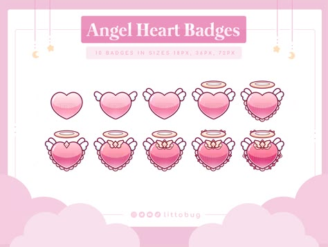 cute and affordable pink angel heart sub badges for twitch streams. can also be used on discord or youtube, or as bit badges. Heart Emote, Game Sprite, Overlay Ideas, Twitch Streaming Setup, Vtuber Assets, Gaming Aesthetic, Twitch Badges, Font Creator, Twitch Sub Badges