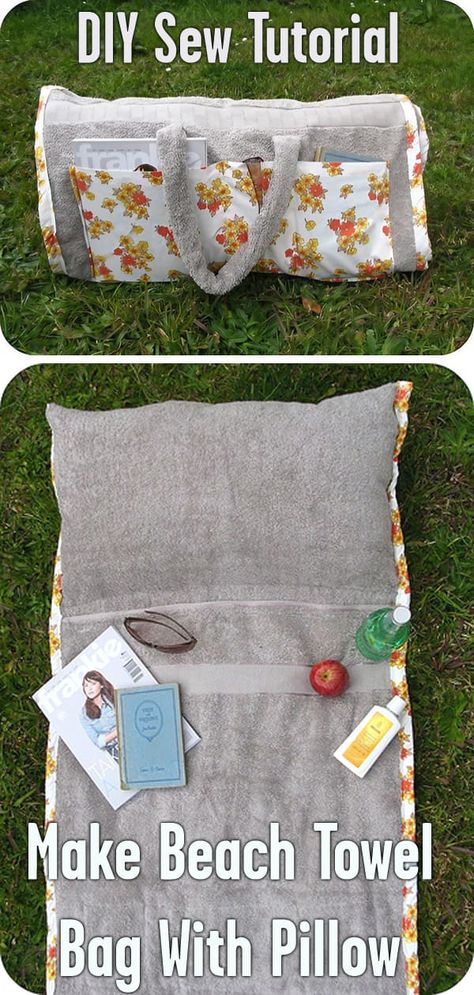 DIY Beach Towel Pillow Bag Syprosjekter For Nybegynnere, Camping Diy Projects, Diy Beach Bag, Camping Projects, Fun Summer Crafts, Diy Sy, Camping Diy, Summer Diy Projects, Beach Towel Bag