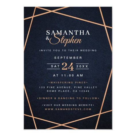 Stylish Navy Blue & Copper Geometric Wedding Invitation Navy And Copper, Geometric Wedding Invitation, Navy Blue Wedding Invitations, Wedding Invitation Size, Navy Wedding Invitations, Copper Wedding, Modern Wedding Invitation, Geometric Wedding, Navy Blue Wedding