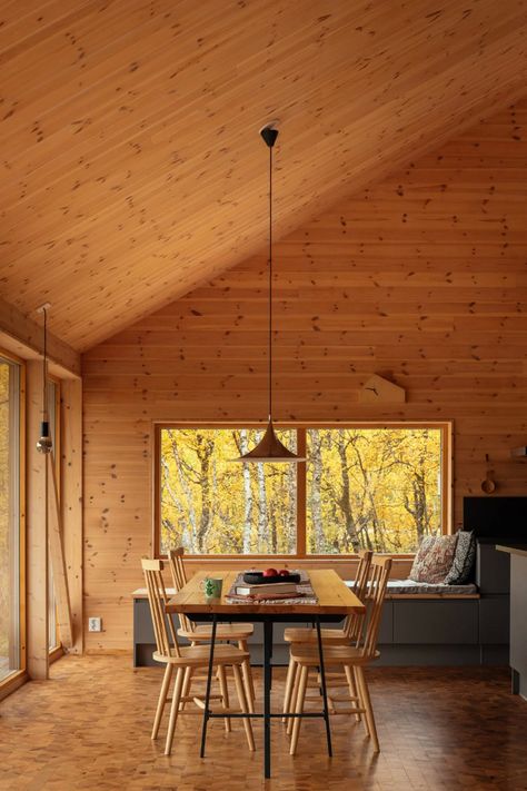 Small Wood Cabin, Central Fireplace, Swedish Summer House, Swedish Forest, Views Of Nature, Timber Cabin, Pine Timber, Cosy Living, Cabin Interiors