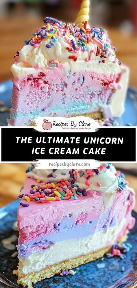 This vibrant Unicorn Ice Cream Cake is a magical treat, featuring layers of strawberry, mint chocolate chip, and blueberry ice cream, all topped with colorful whipped cream swirls, edible glitter, and sprinkles. Perfect for birthdays or any festive occasion!

Ingredients:

1 pint strawberry ice cream, softened
1 pint mint chocolate chip ice cream, softened
2 cups heavy whipping cream
Decorated with colorful whipped cream and edible glitter, this unicorn cake is a whimsical dessert! Superman Ice Cream Cake, Cotton Candy Ice Cream Cake, Mermaid Ice Cream Cake, Unicorn Ice Cream Cake, Ice Cream Cakes Birthday, Icecream Cake Diy Birthdays, Ice Cream Cake Decorating Ideas, Ice Cream Cake Diy, Gluten Free Ice Cream Cake