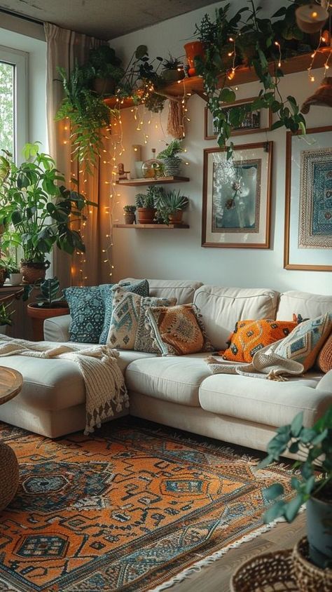 Earth Living Room Decor, Quirky Home Decor Living Room, Boho Rustic Living Room Ideas, Maximalist Boho Living Room, Sala Estilo Boho, Fairy Living Room, Earth Room, Dc Living, House Themes