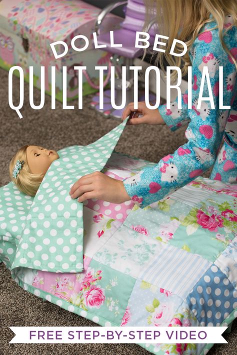 Learn how to make a cute and simple Doll Bed Quilt with Rob Appell of Man Sewing and his daughter, Ruby! American Girl Doll Quilt, Sew A Doll, Simple Doll, Sewing Men, American Girl Diy, Doll Bedding, American Girl Outfits, American Girl Doll Diy, American Girl Doll Stuff